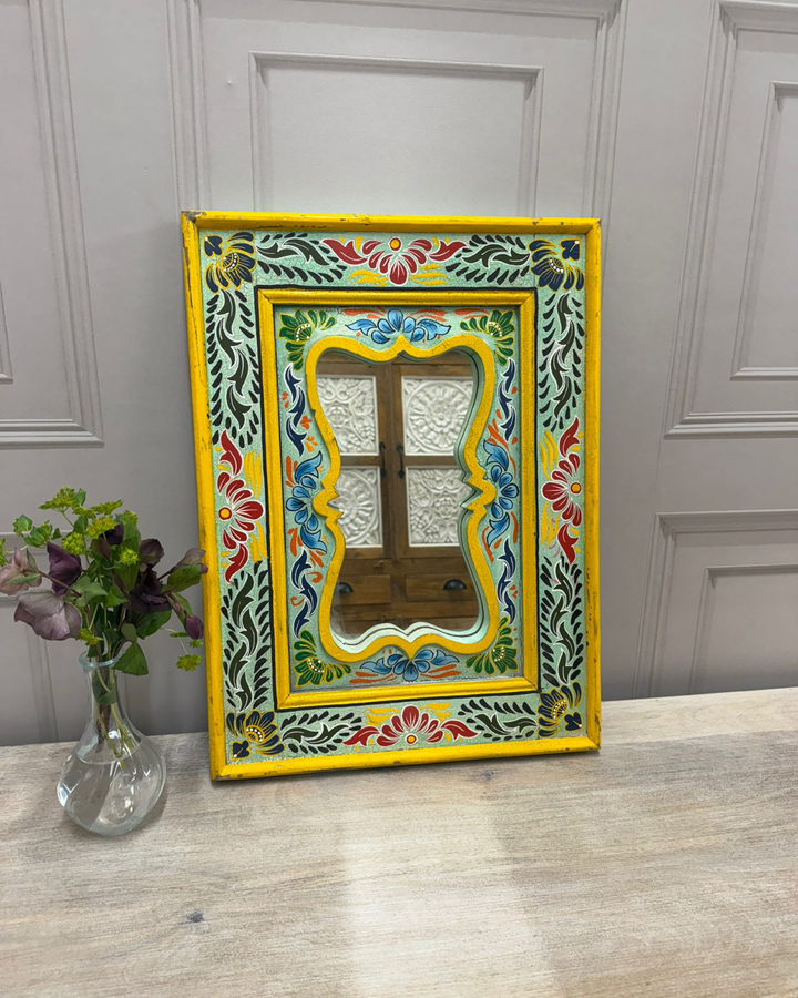 Hand-Painted Vintage Mango Wood Mirror – Ornate Curved Frame