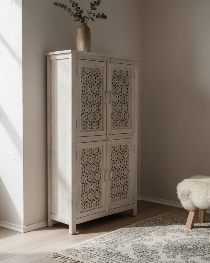 Creamwashed Mango Wood Armoire – Hand-Carved Jali Design with Internal Shelving