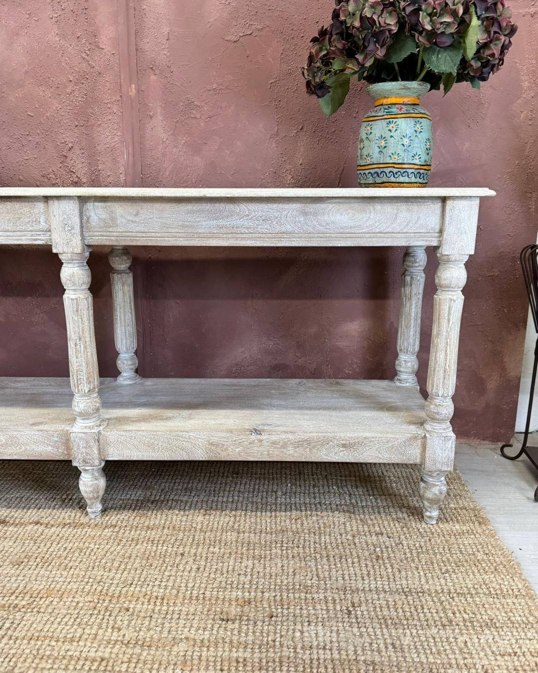 Long Mango Wood Hand-Carved Console Table with Shelf – Creamwash Finish