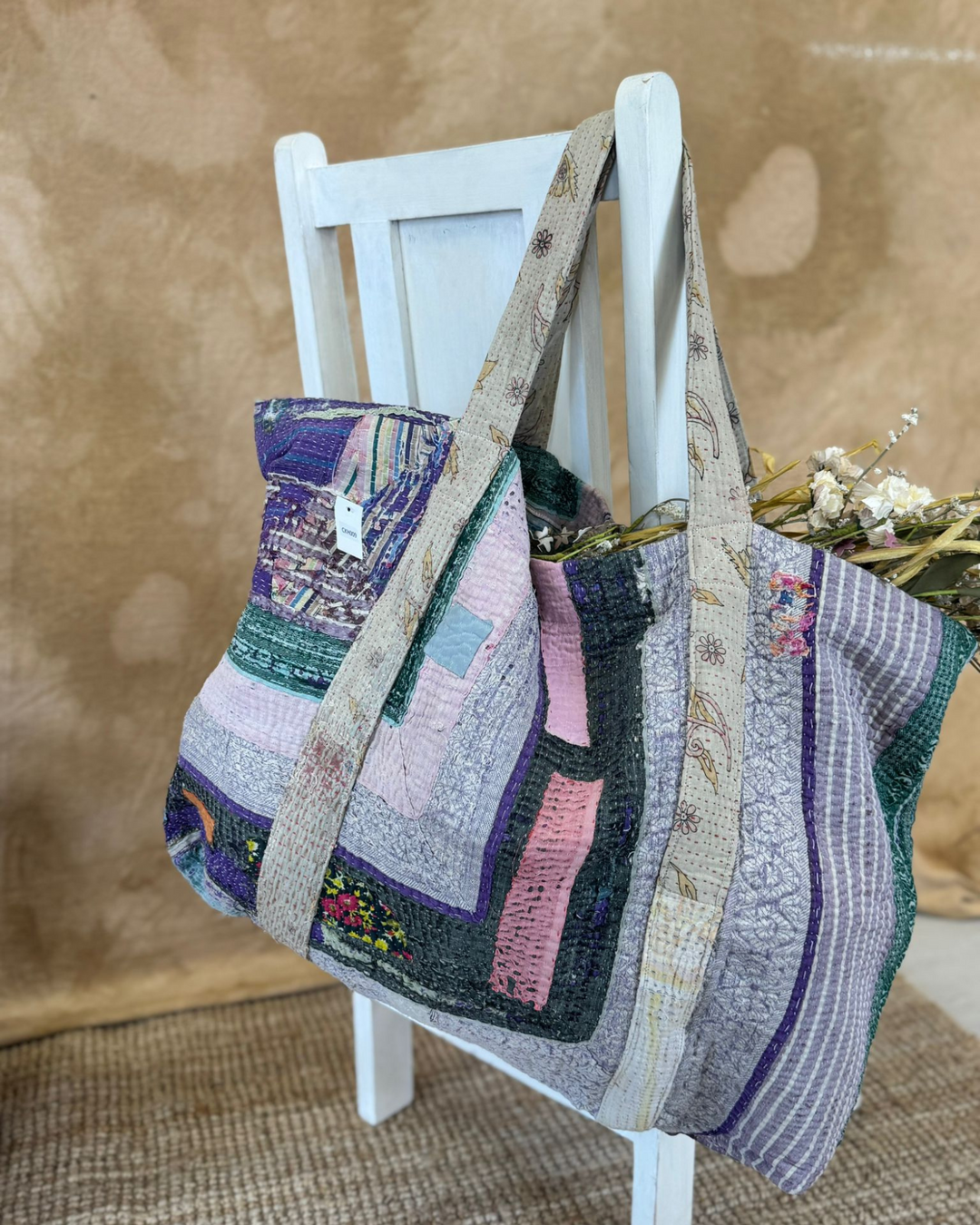 Handmade Upcycled Sari Tote Bag – Purple, Lilac & Green Patchwork | Multi-Purpose Everyday & Beach Bag