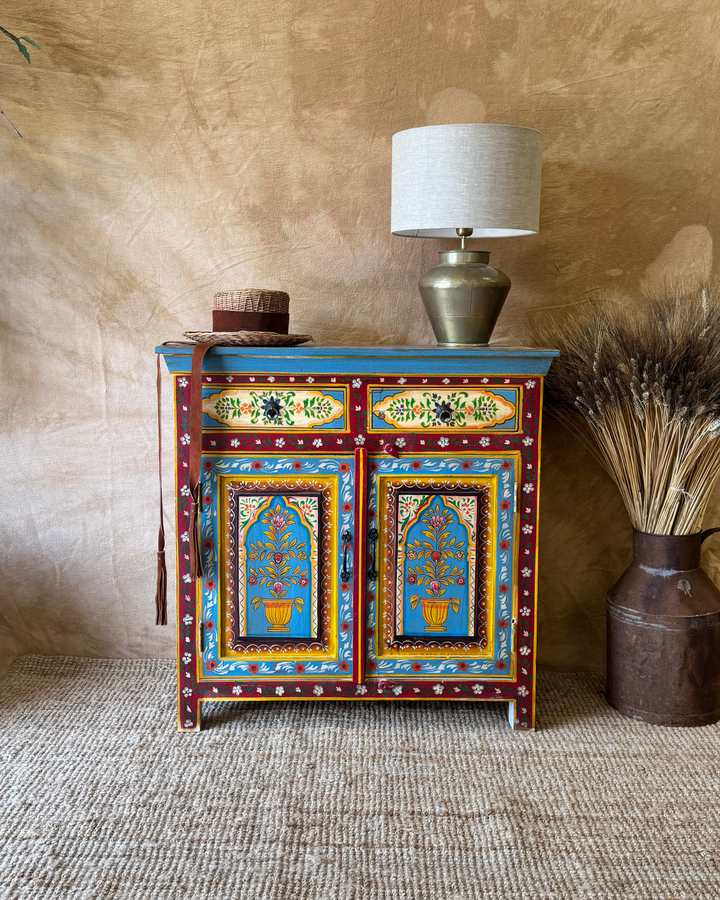 Hand-Painted Mango Wood Sideboard – Vintage Floral & Botanical Design
