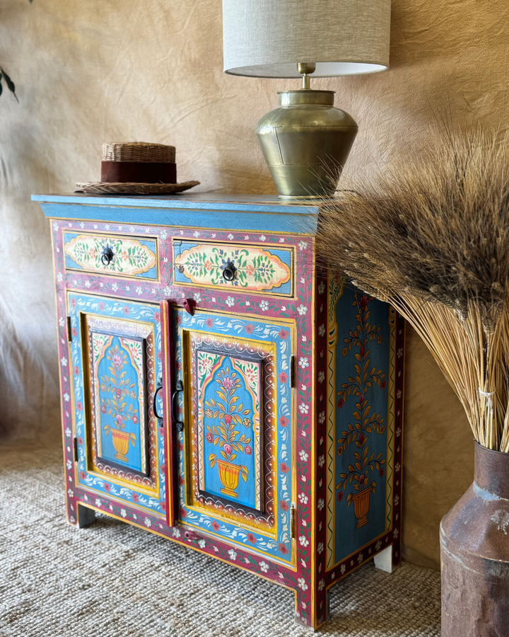 Hand-Painted Mango Wood Sideboard – Vintage Floral & Botanical Design