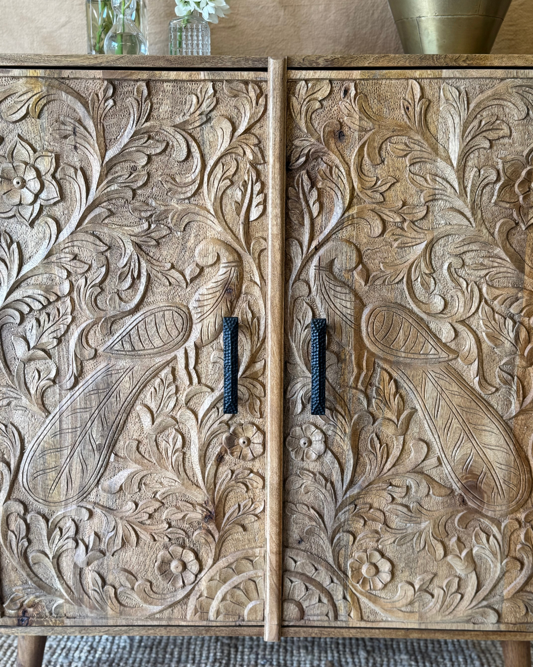 Hand-Carved Mango Wood Sideboard – Peacock Motif with Natural Finish