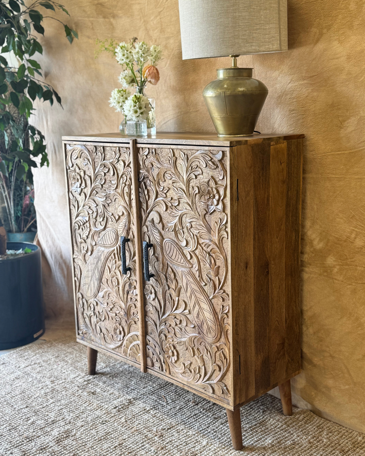 Hand-Carved Mango Wood Sideboard – Peacock Motif with Natural Finish