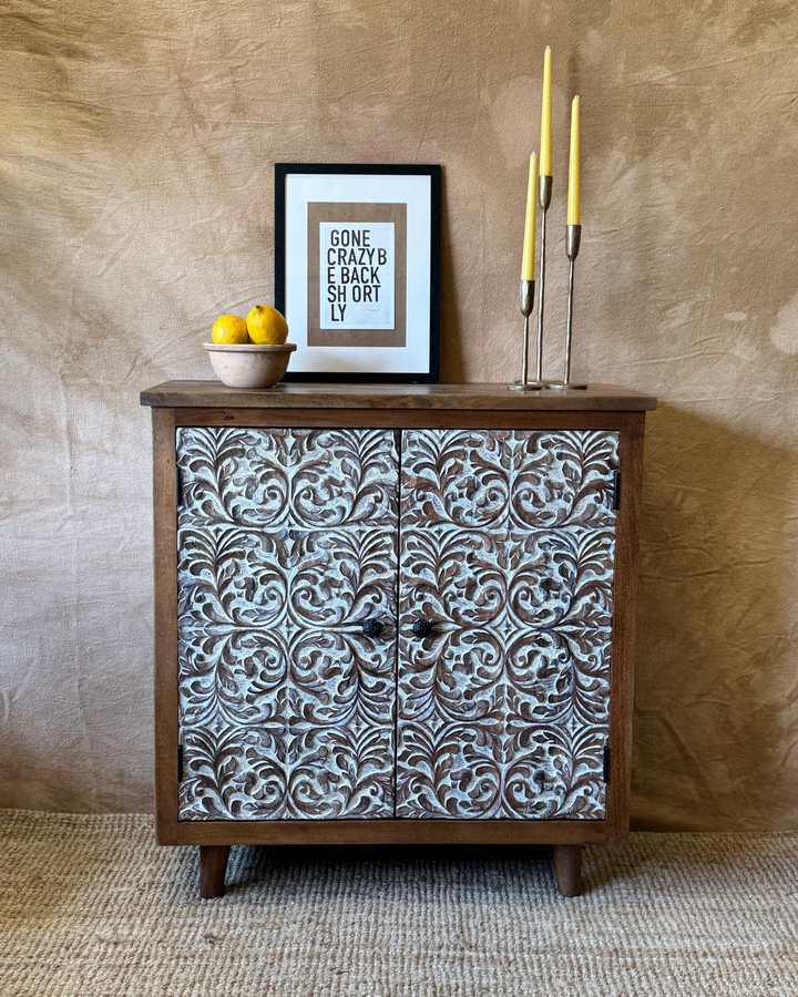 Hand-Carved Mango Wood Sideboard – Whitewashed Floral Design