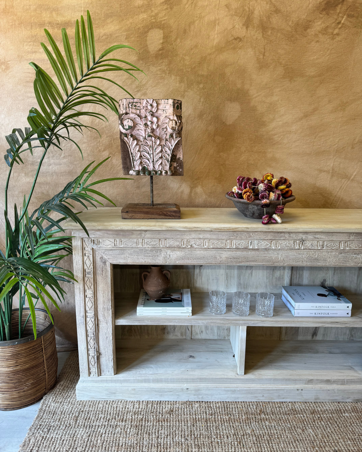 Decorative Reclaimed Teak Bracket on Stand – Blush & Green Carving