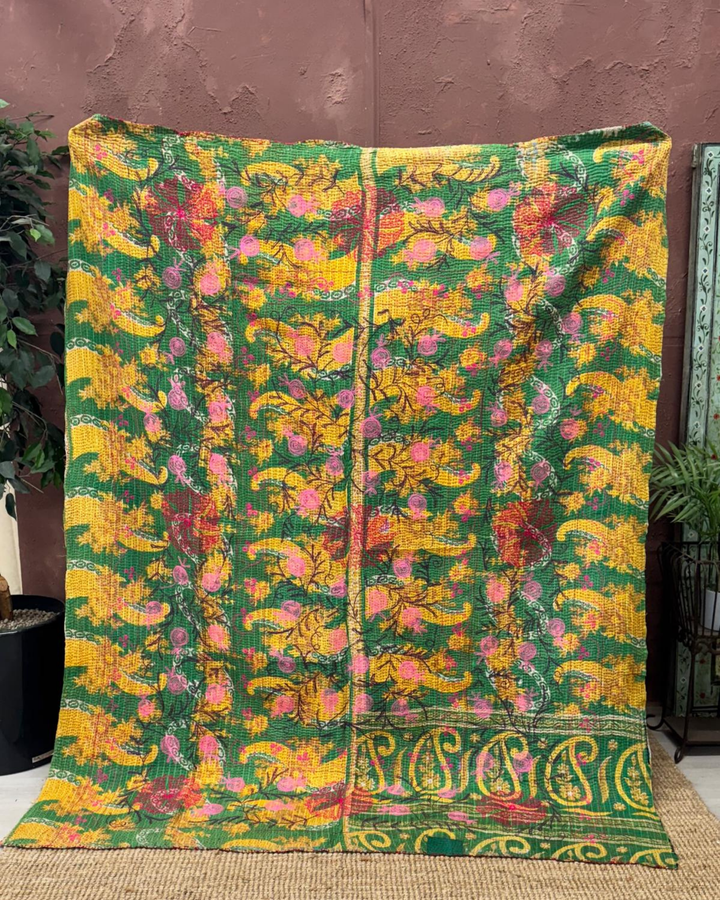 Vintage Hand-Embroidered Kantha Throw – Bold Floral Sari in Red, Green & Mustard