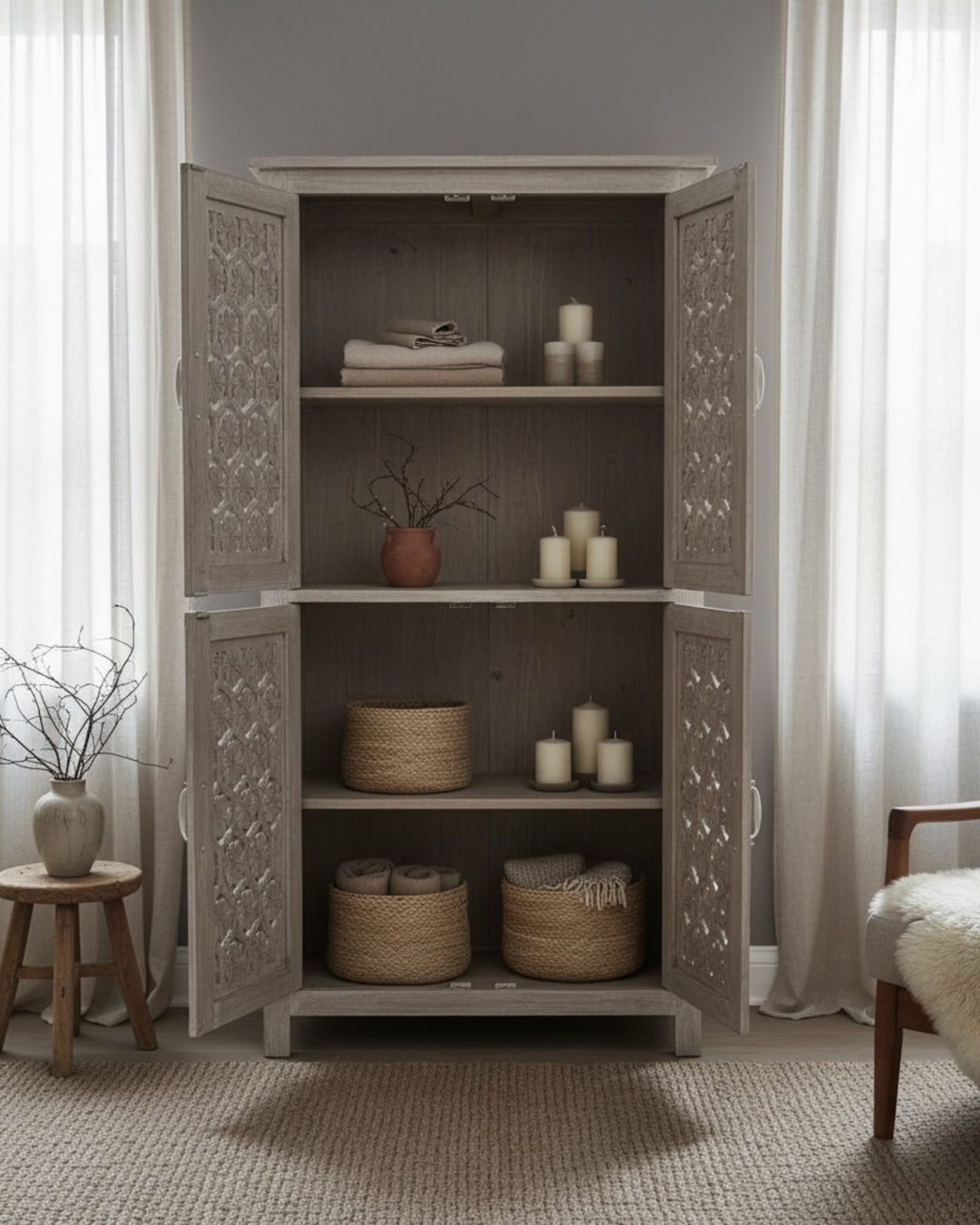 Creamwashed Mango Wood Armoire – Hand-Carved Jali Design with Internal Shelving