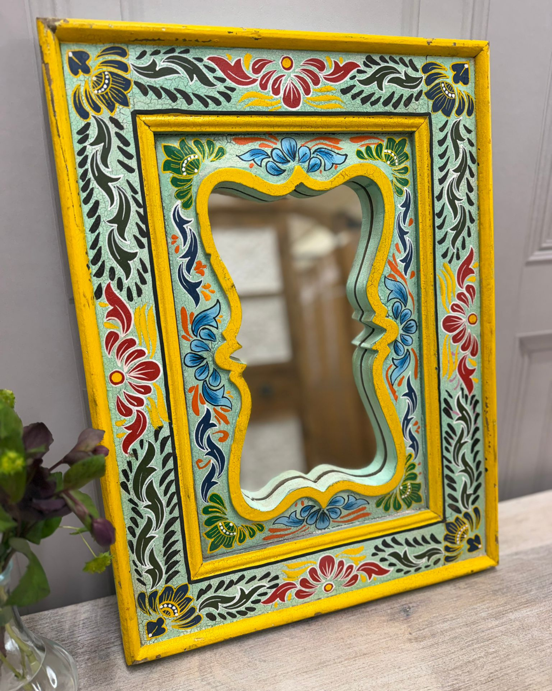 Hand-Painted Vintage Mango Wood Mirror – Ornate Curved Frame