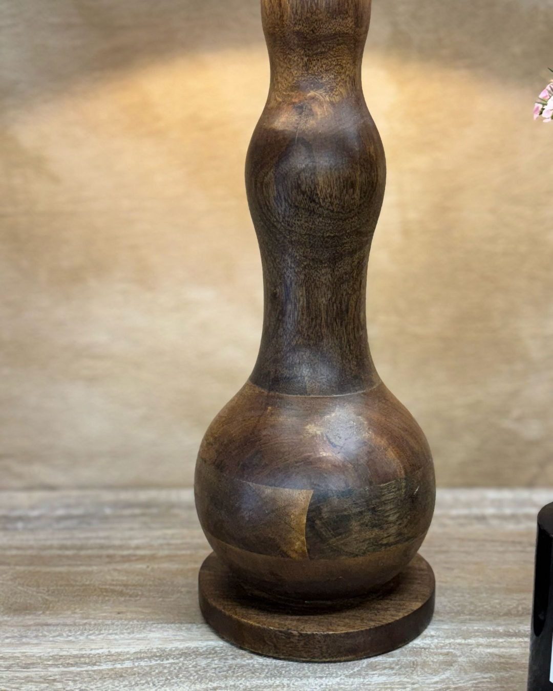 Mango Wood Table Lamp – Curved Form with Linen Shade