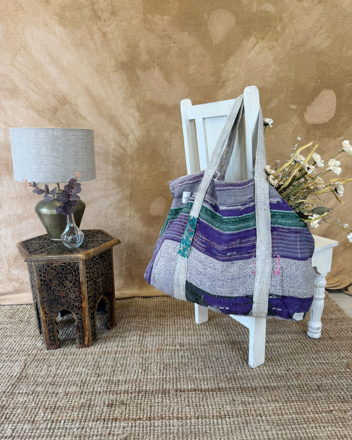 Handmade Upcycled Sari Tote Bag – Purple, Lilac & Green Patchwork | Multi-Purpose Everyday & Beach Bag