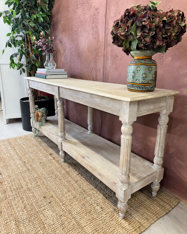 Long Mango Wood Hand-Carved Console Table with Shelf – Creamwash Finish