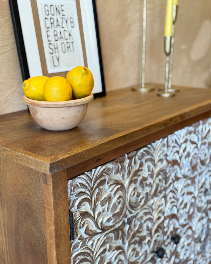 Hand-Carved Mango Wood Sideboard – Whitewashed Floral Design