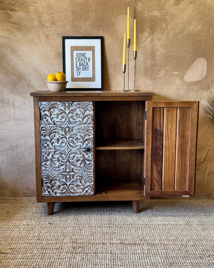 Hand-Carved Mango Wood Sideboard – Whitewashed Floral Design