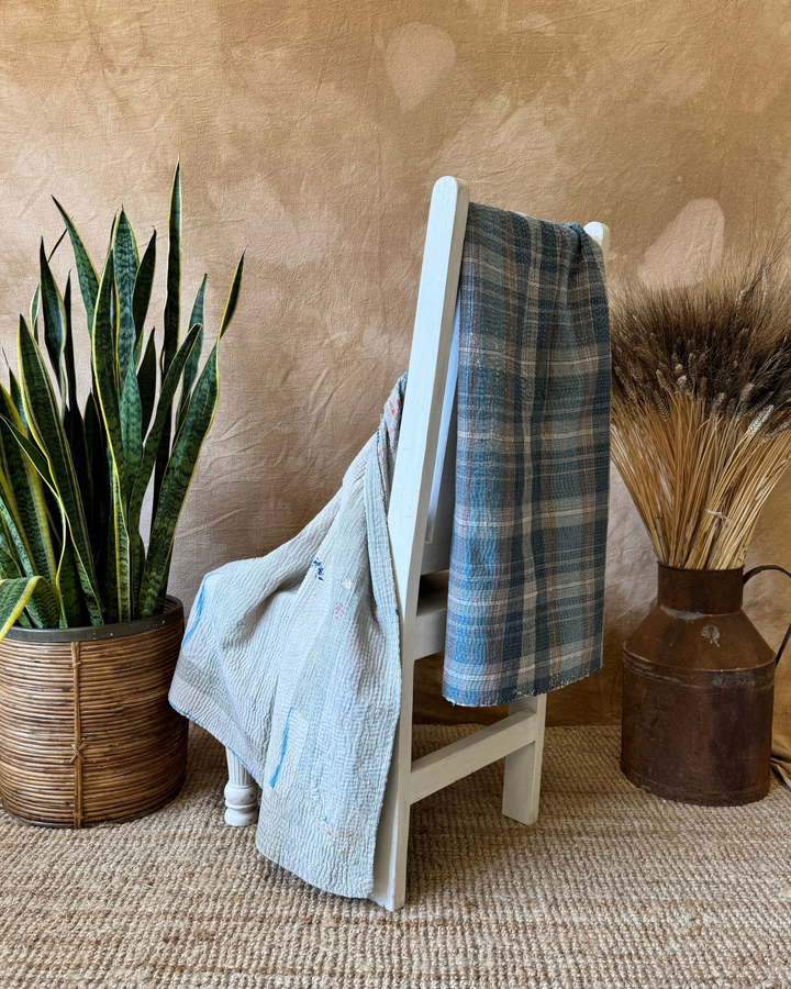 Vintage Hand-Embroidered Kantha Throw – Soft Grey & Slate Sari Patchwork