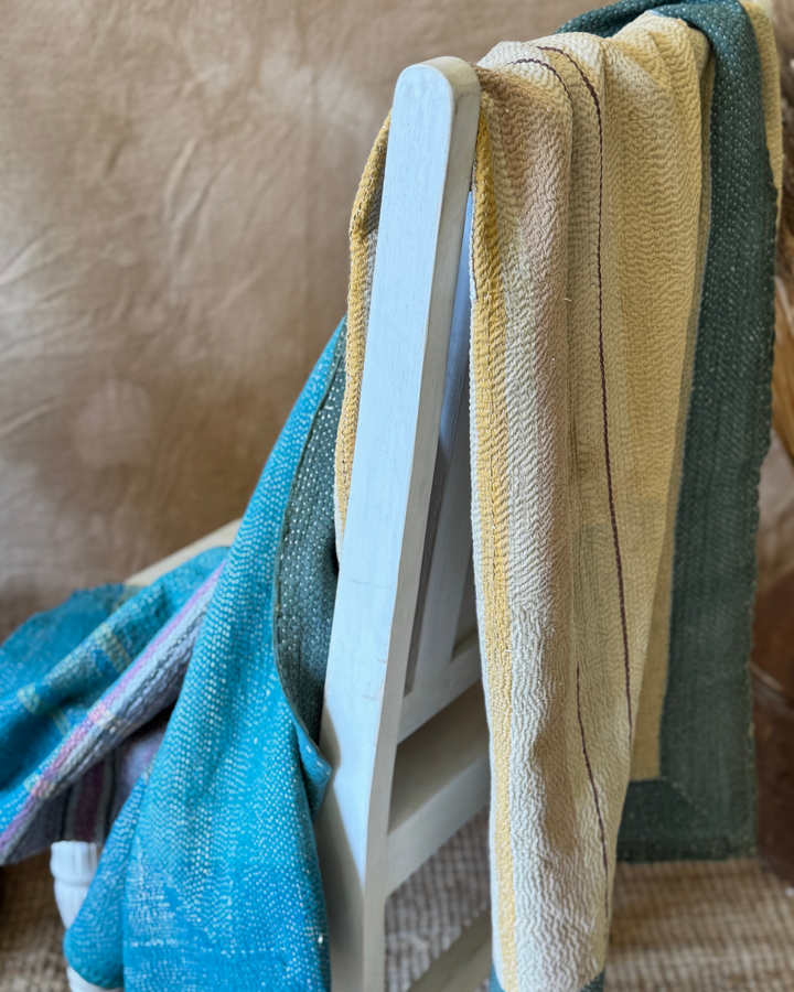 Vintage Hand-Embroidered Kantha Throw – Forest Green & Teal Striped Sari
