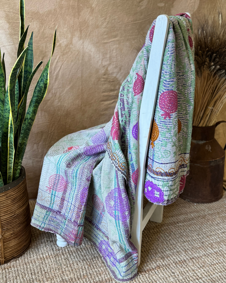 Vintage Hand-Embroidered Kantha Throw – Botanical Stripe Sari in Lilac, Green & Plum