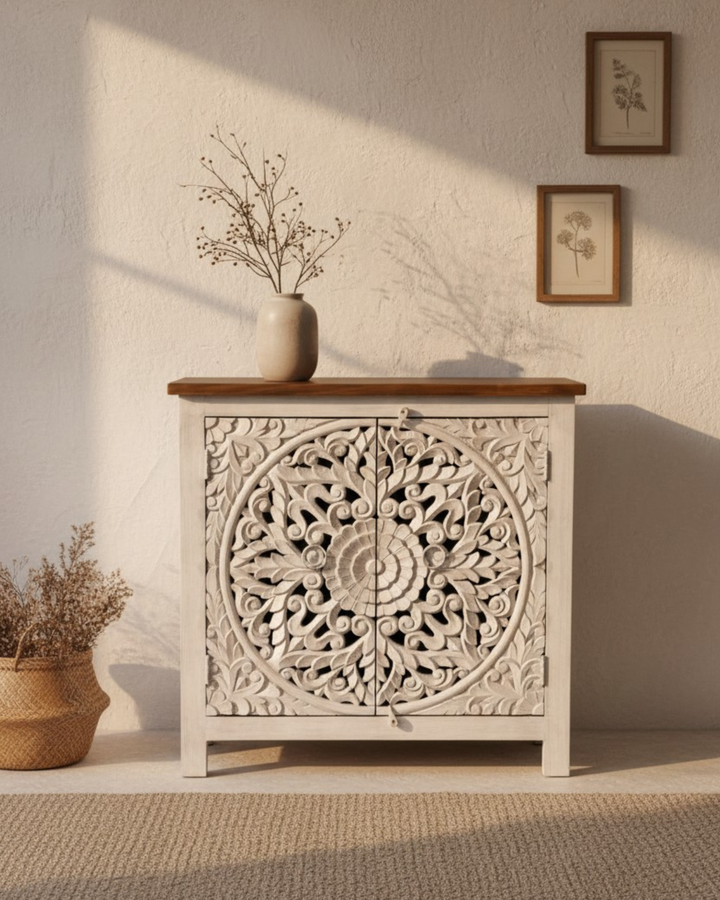 Whitewashed Hand-Carved Mango Wood Sideboard – Natural Top with Mandala Detailing