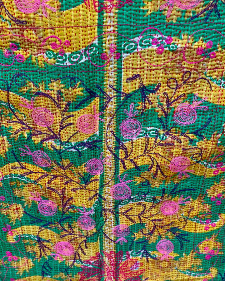 Vintage Hand-Embroidered Kantha Throw – Bold Floral Sari in Red, Green & Mustard