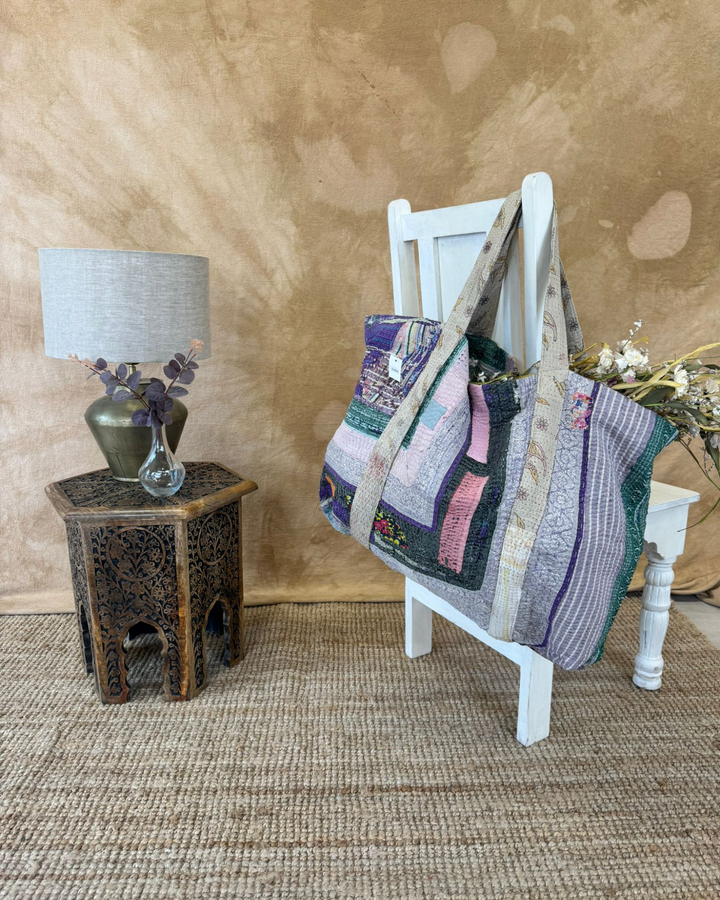 Handmade Upcycled Sari Tote Bag – Purple, Lilac & Green Patchwork | Multi-Purpose Everyday & Beach Bag