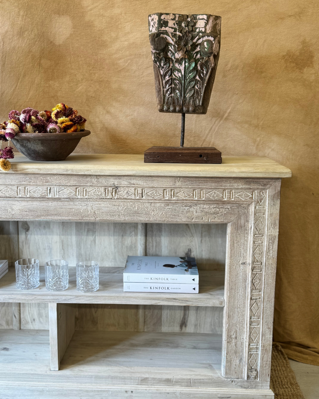 Decorative Reclaimed Teak Bracket on Stand – Hand-Carved Display Piece