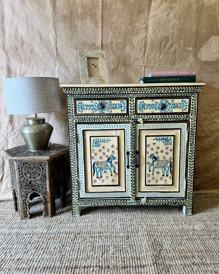 Hand-Painted Mango Wood Sideboard – Vintage Floral & Animal Motifs