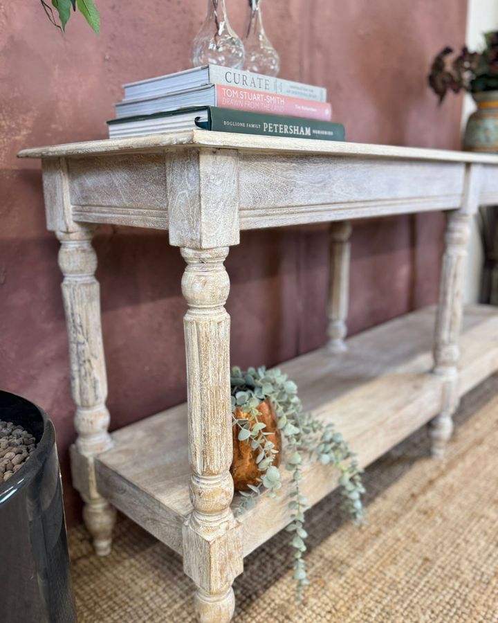 Long Mango Wood Hand-Carved Console Table with Shelf – Creamwash Finish