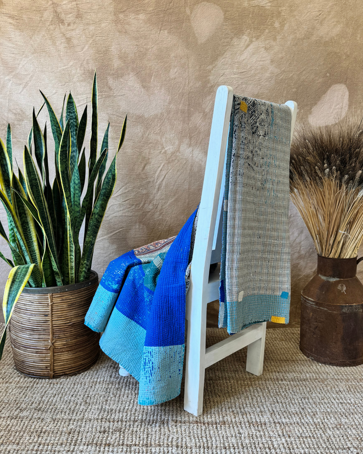 Vintage Hand-Embroidered Kantha Throw – Blue & Teal Patchwork with Striped Sari Panels