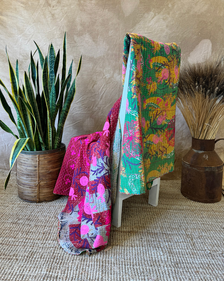 Vintage Hand-Embroidered Kantha Throw – Bold Floral Sari in Red, Green & Mustard