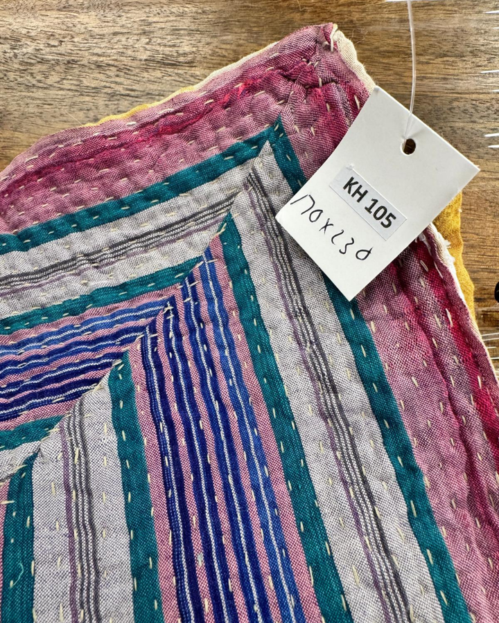 Vintage Hand-Embroidered Kantha Throw – Multicoloured Striped Sari with Ochre Backing