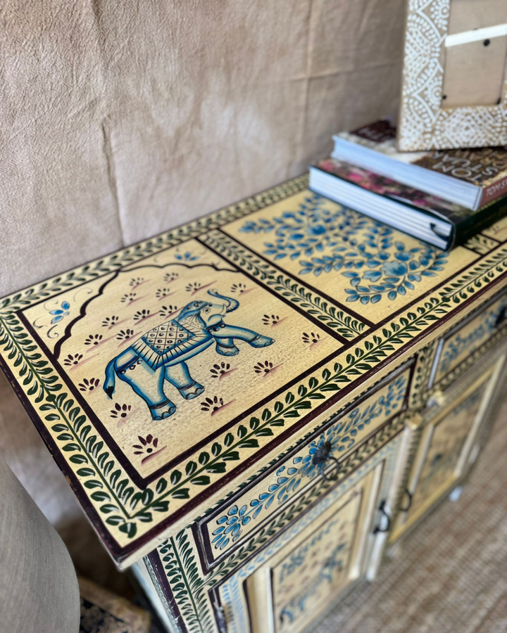 Hand-Painted Mango Wood Sideboard – Vintage Floral & Animal Motifs