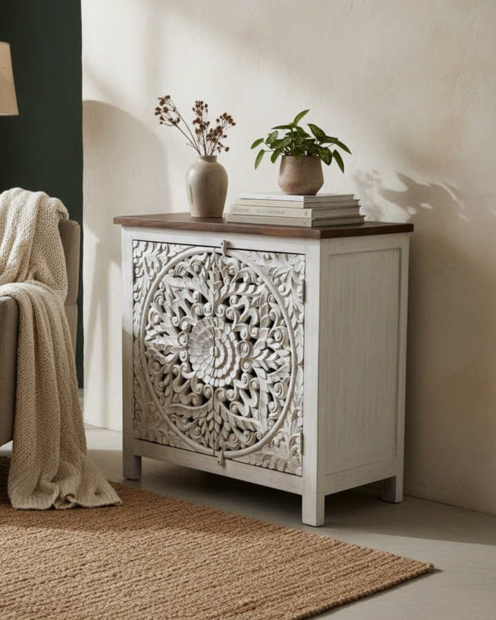 Whitewashed Hand-Carved Mango Wood Sideboard – Natural Top with Mandala Detailing