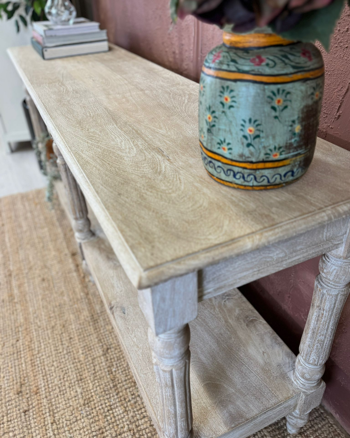 Long Mango Wood Hand-Carved Console Table with Shelf – Creamwash Finish