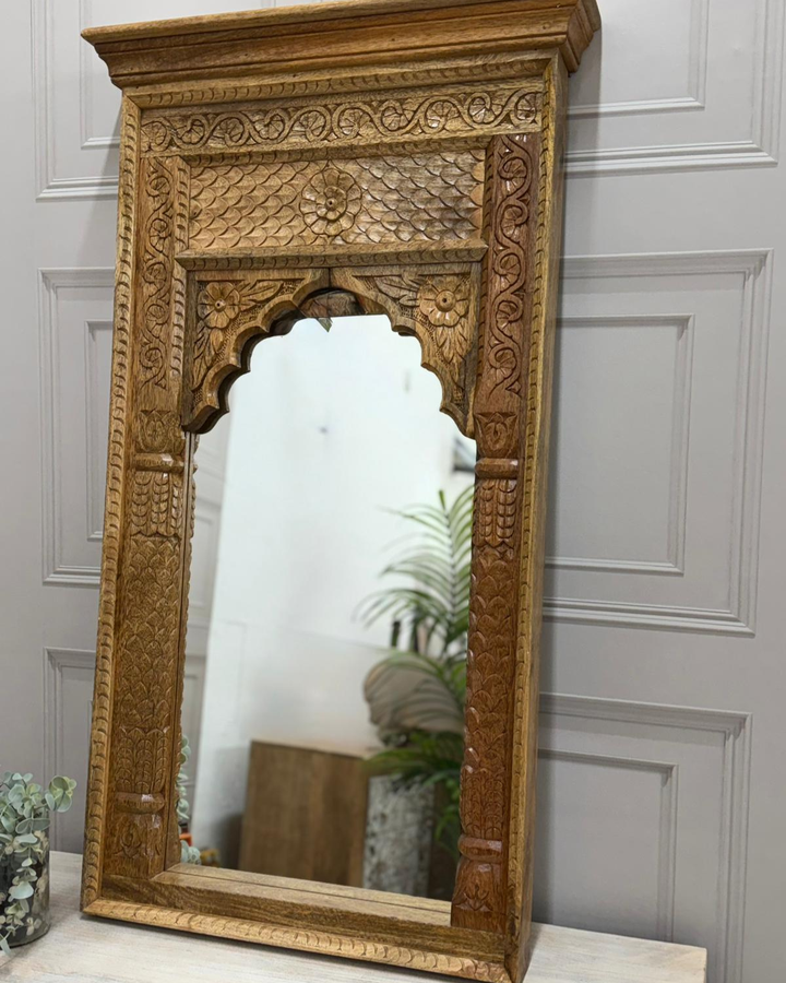 Hand-Carved Mango Wood Arch Mirror – Natural Polished Finish