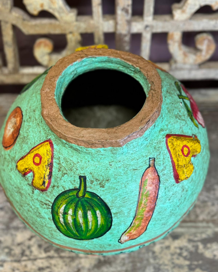 Handcrafted Indian Paper Mâché Pot with Traditional Fruit Motifs - Turquoise