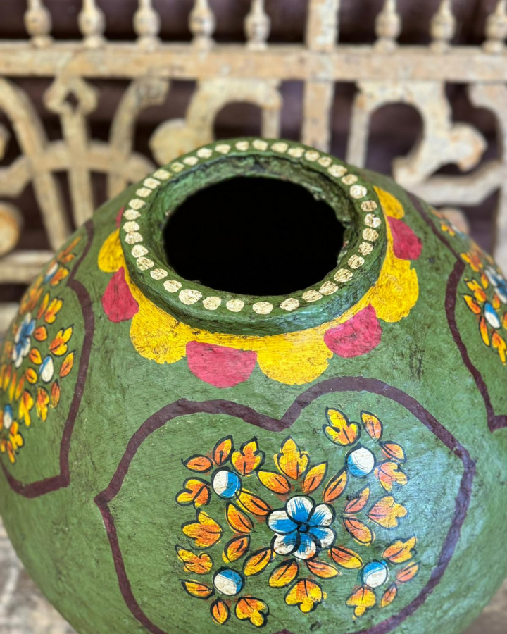 Hand-Painted Green Paper Mâché Decorative Pot