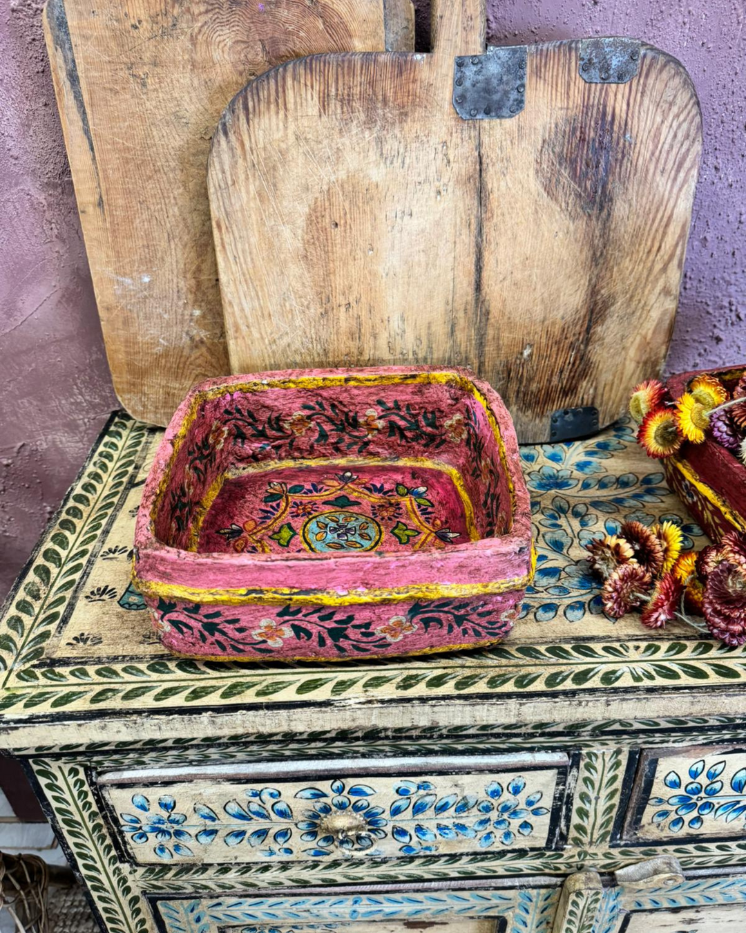 Hand-Painted Pink Paper Mâché Square Decorative Bowl