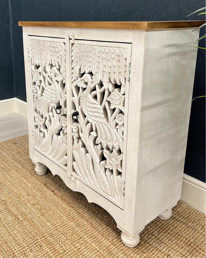 Handcrafted Two Door Peacock Carved Mango Wood Sideboard - Whitewashed