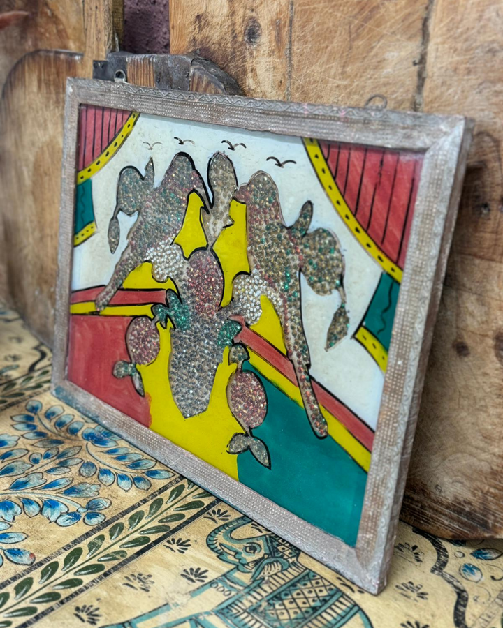 Vintage Indian Glass Art with Beaded Detailing in Original Teak Frame