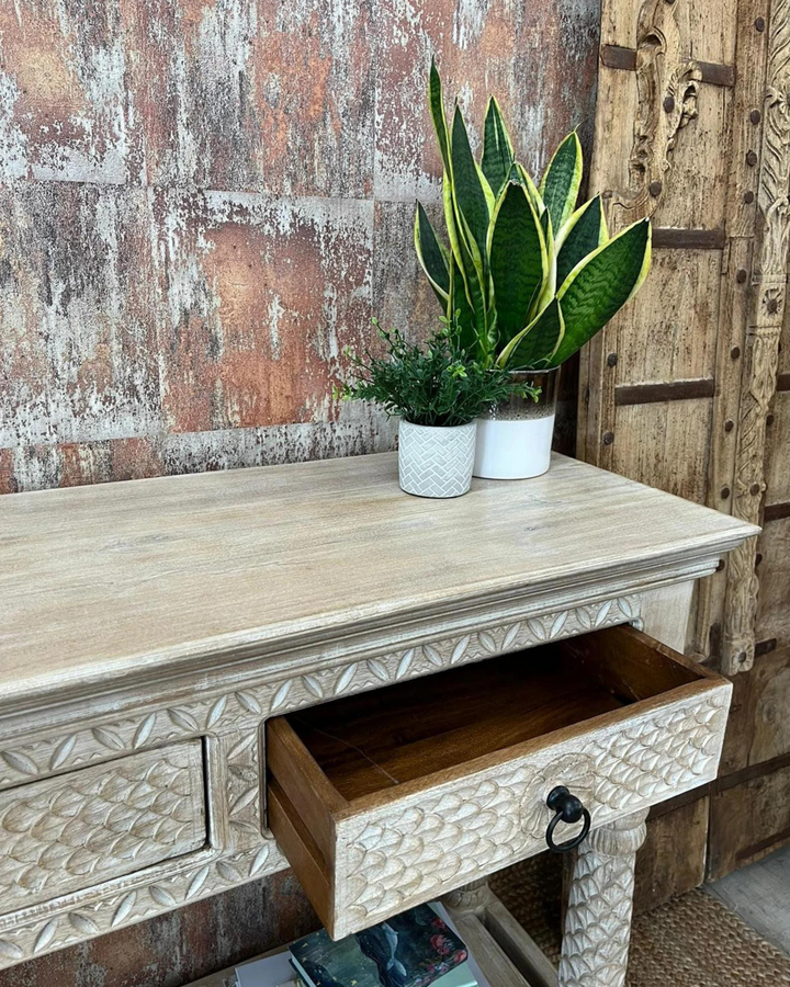 Hand Carved 3 Drawer Mango Wood Console Table