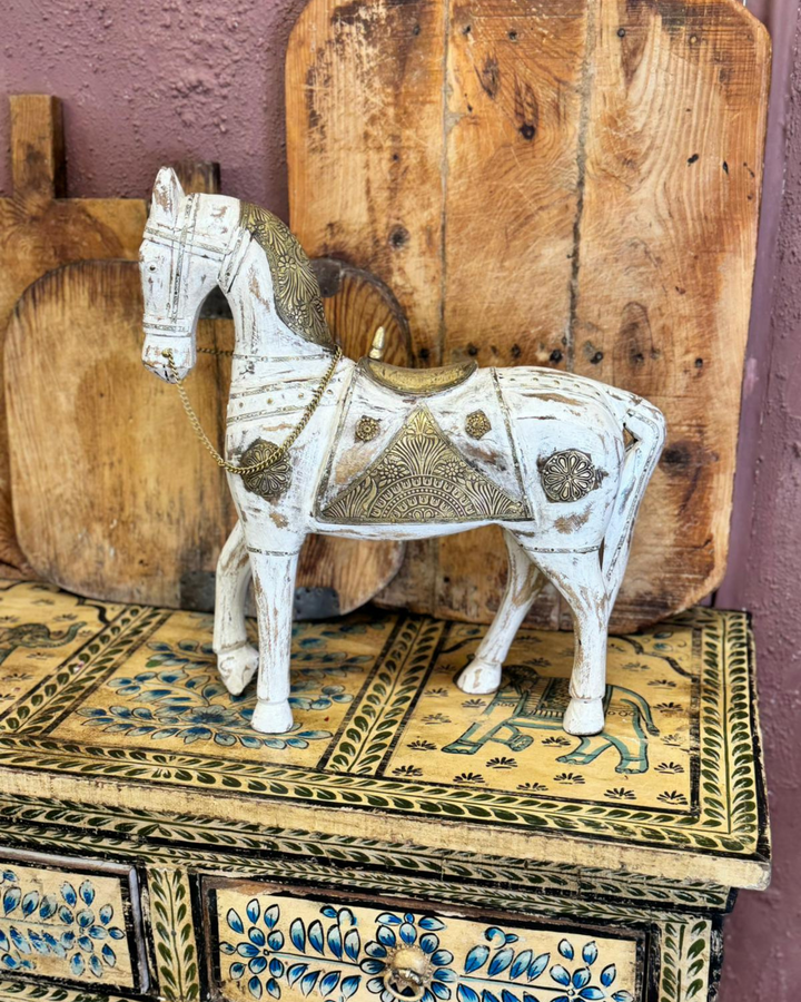 White Hand-Painted & Hand-Carved Mango Wood Horse with Brass Detailing