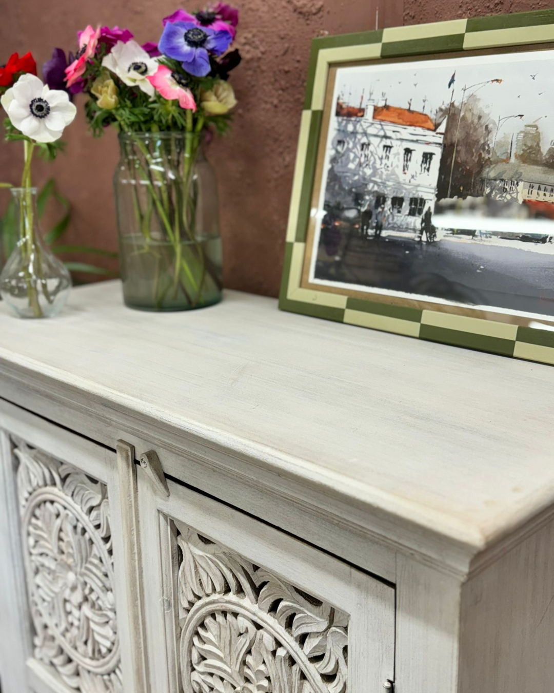 Whitewashed Hand-Carved 2-Door Sideboard