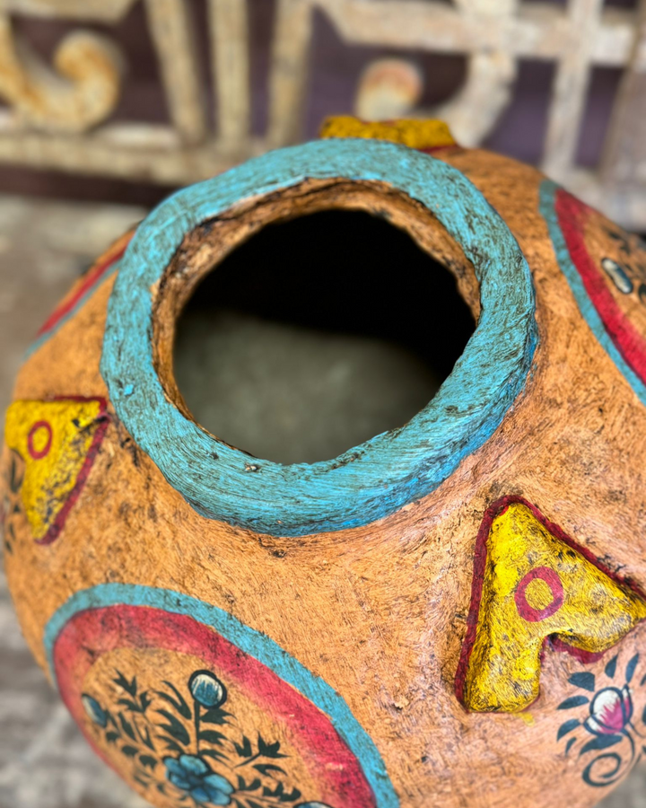 Hand-Painted Indian Papier-Mâché Planter – Vibrant Orange and Turquoise