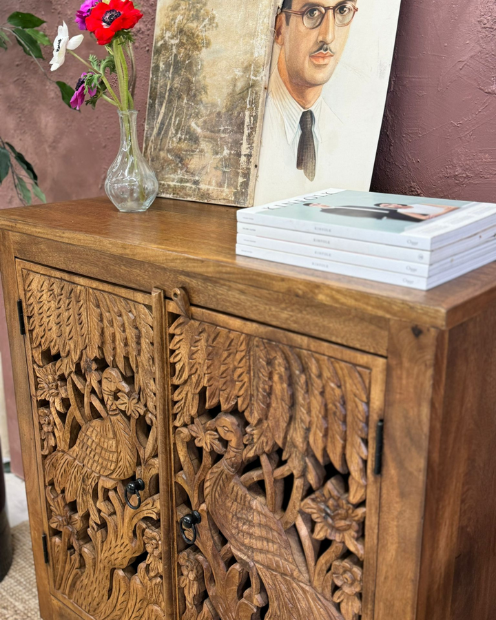 Handcrafted Two Door Peacock Carved Mango Wood Sideboard