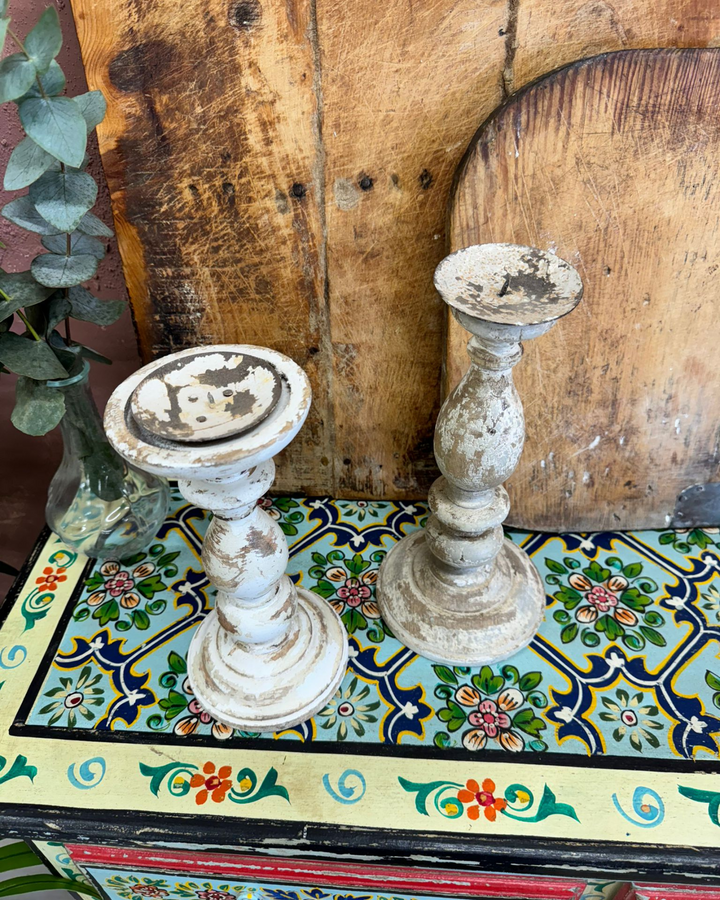 Set of 2 Rustic Whitewashed Mango Wood Candlestick Holders