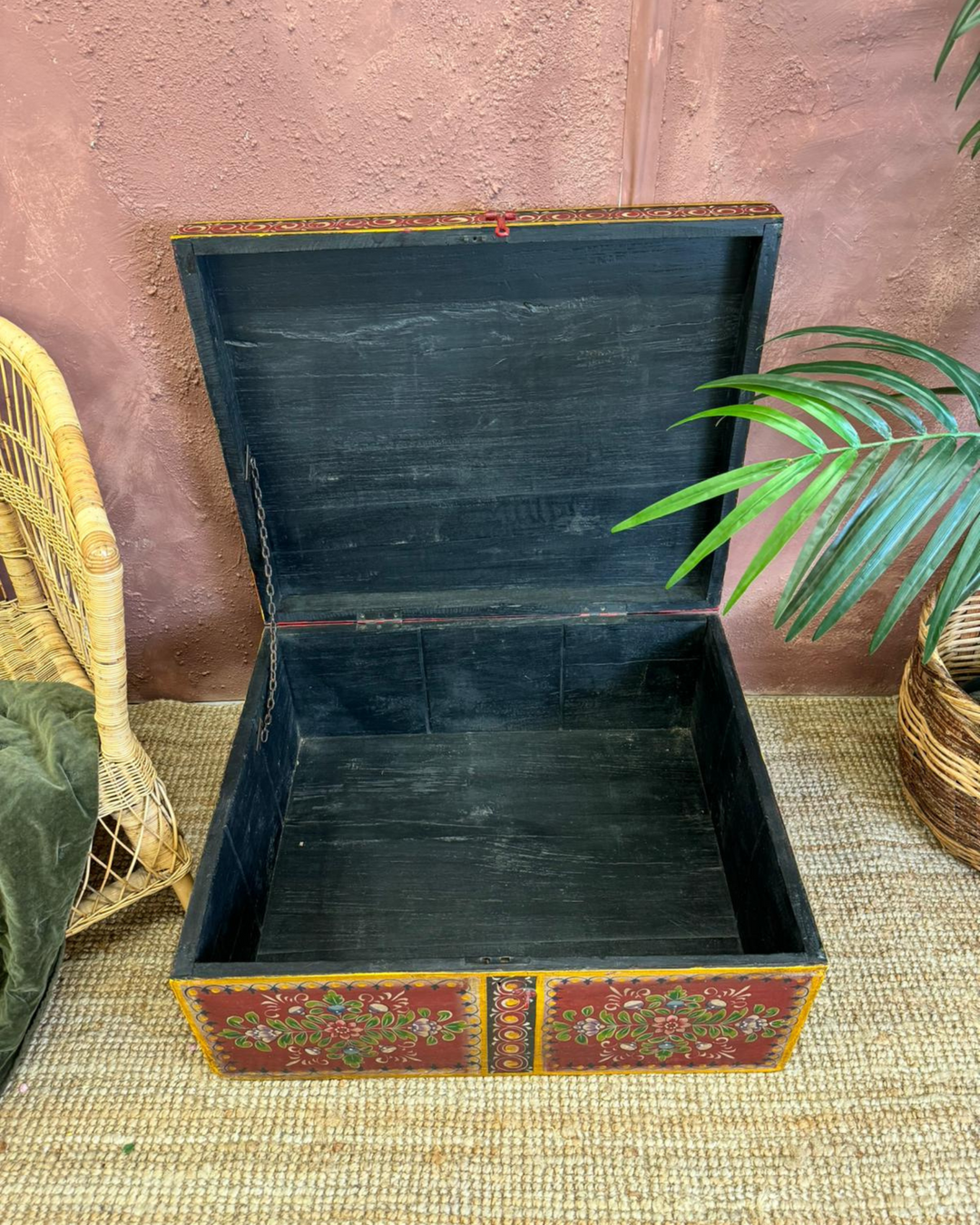 Hand-Painted Floral Storage Box in Recycled Wood