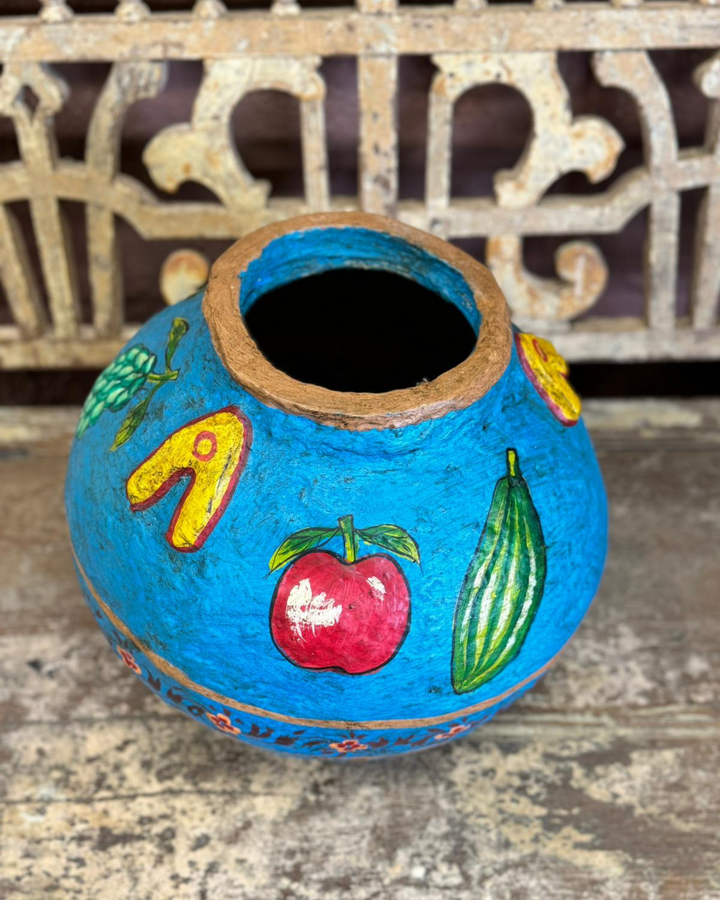 Hand-Painted Blue Paper Mâché Decorative Pot - Indian Artistry with Vibrant Fruit Motifs