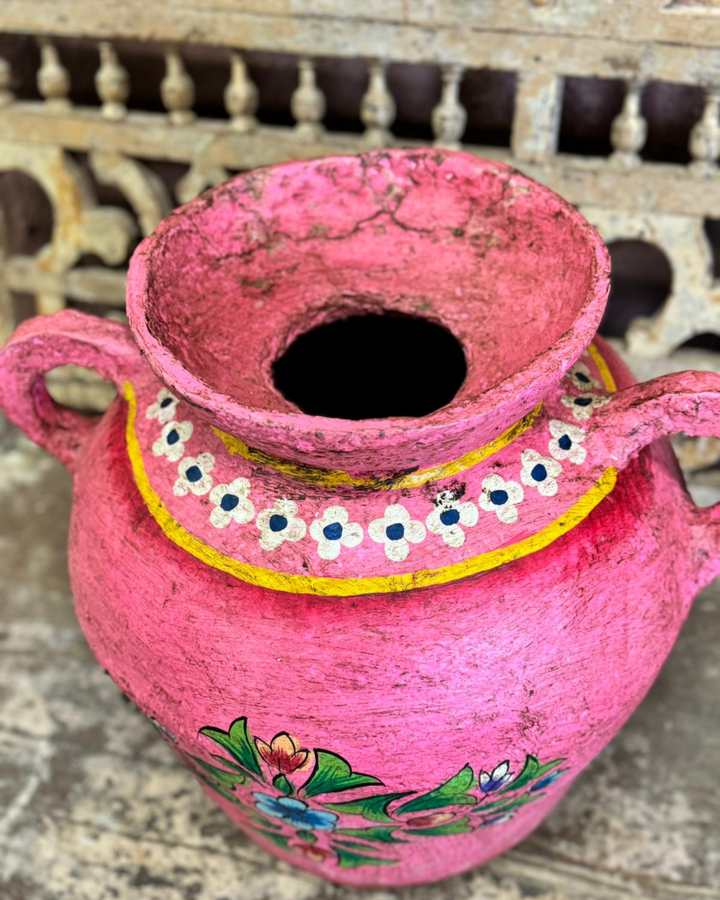 Handcrafted Pink Paper Mâché Pot with Handles – Traditional Floral Design