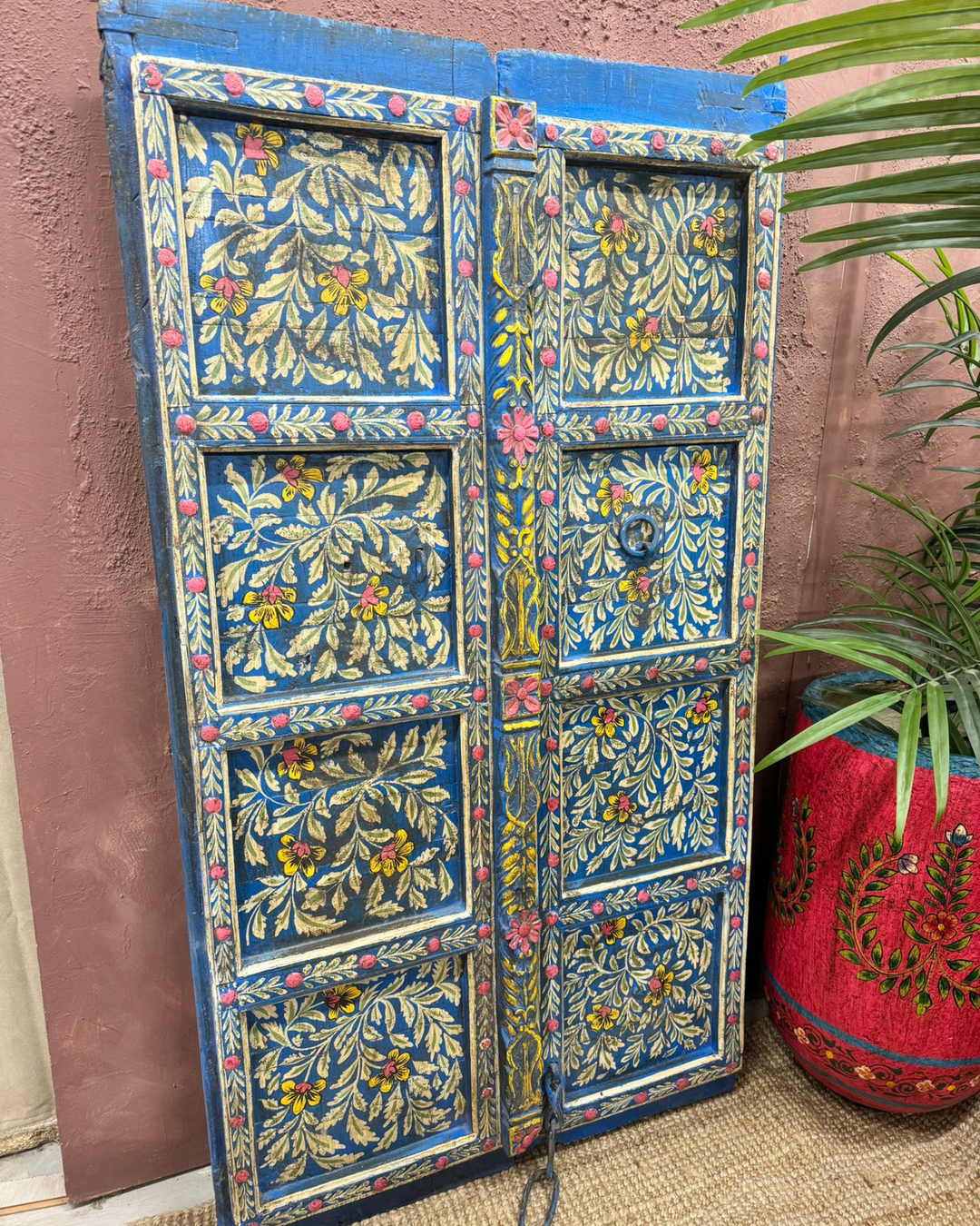 Reclaimed Vintage Hand-Painted Indian Wooden Door – Intricate Floral Artistry