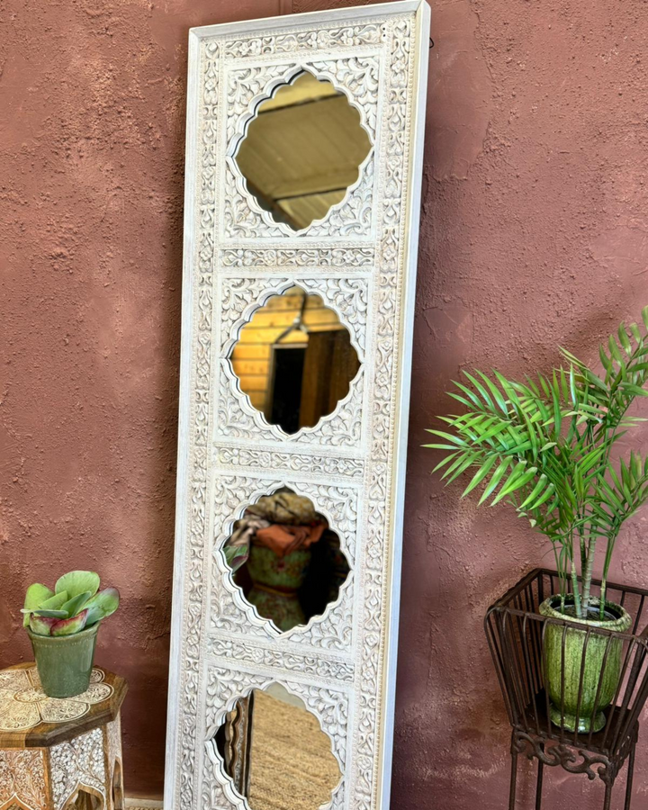 Hand-Carved Wall Mirror with Traditional Indian Design in Mango Wood